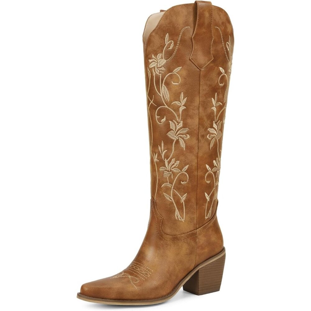 Women's Brown Cowboy Boots Knee High Cowgirl Boots With Pointed Toe Chunky Heel